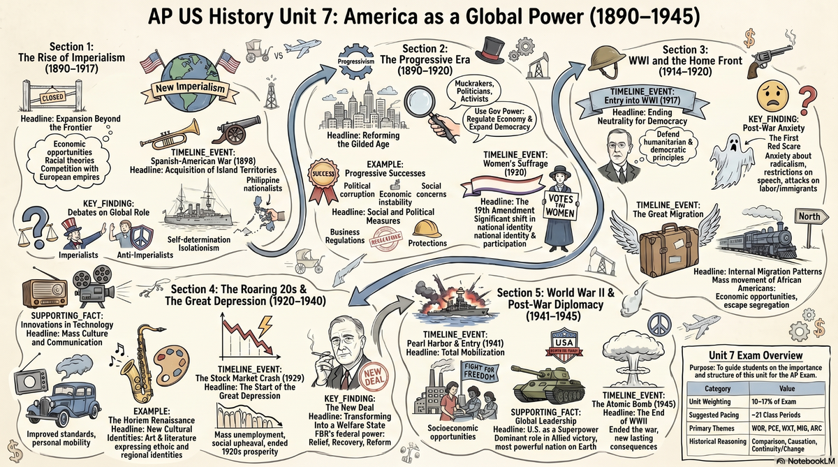 Unit 7: Period 7: The Progressive Era through WWI (1890–1945) infographic